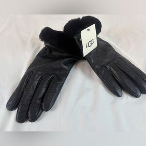 UGG Black Leather Gloves with Fur Trim